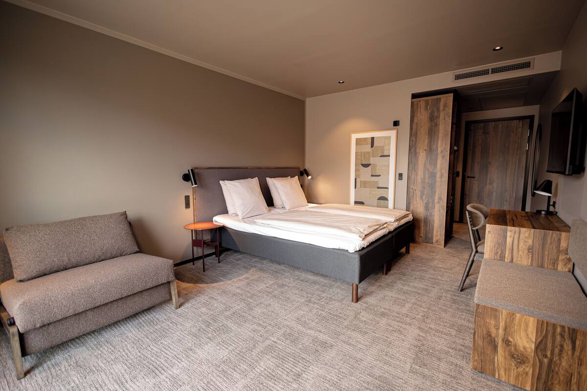 A bedroom with a bed, a sofa, a desk, and a wardrobe.