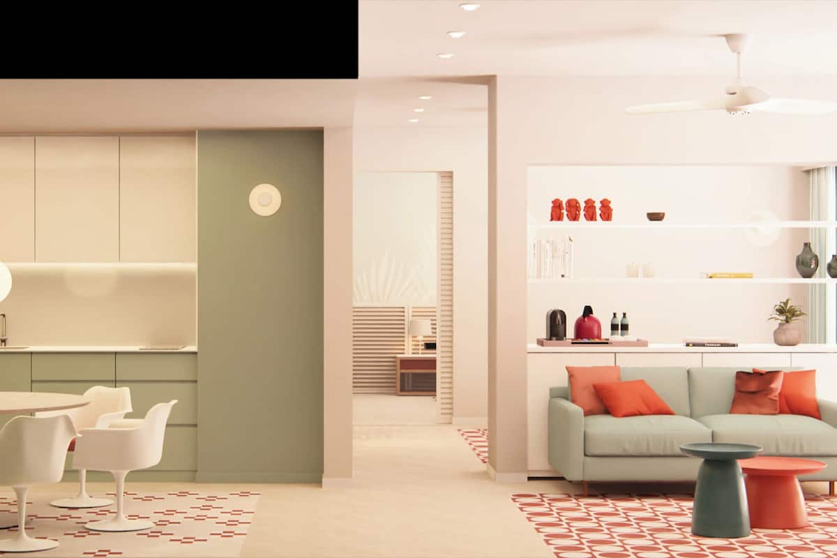 A modern living room with a dining area, a sofa set, and a coffee table.