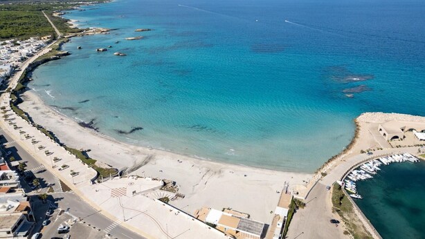 Vue aérienne d’une zone côtière comprenant une plage, un port de plaisance et des immeubles résidentiels adjacents.