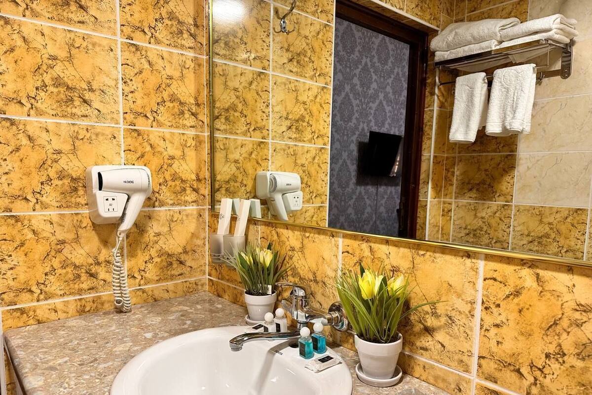 Twin Room | Bathroom | Hair dryer, slippers, soap, shampoo
