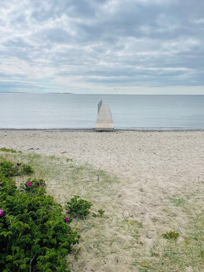 Une plage avec une jetée en bois qui s’avance dans des eaux calmes, entourée de sable et d’une végétation clairsemée.