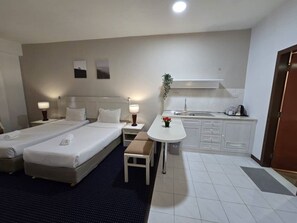 Quarto duplo premium, sacada, vista para o mar | Área de estar | TV
