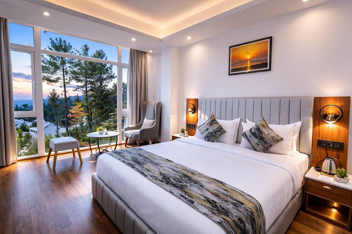 A modern bedroom with a large bed, a chair, a small table, and a view of trees and mountains through large windows.