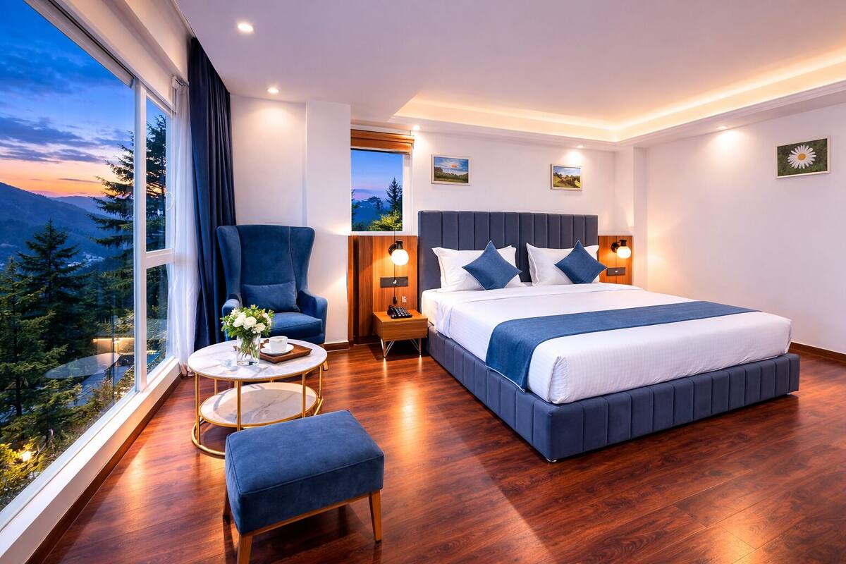 A modern hotel room with a large bed, a seating area with a table, and a view of a forested landscape.