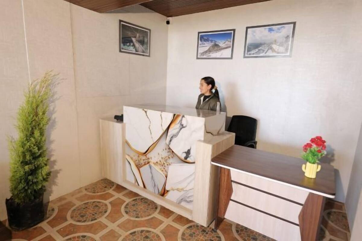 A reception desk with a marble design, a potted plant, and a vase with flowers.