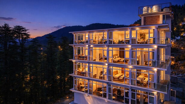 Ein mehrstöckiges Hotel mit Balkonen, großen Fenstern und einer Bergkulisse im Hintergrund.