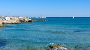 A coastal scene with clear blue water, rocky shore, and a lighthouse in the distance. - Wavefront San Foca (Melendugno)