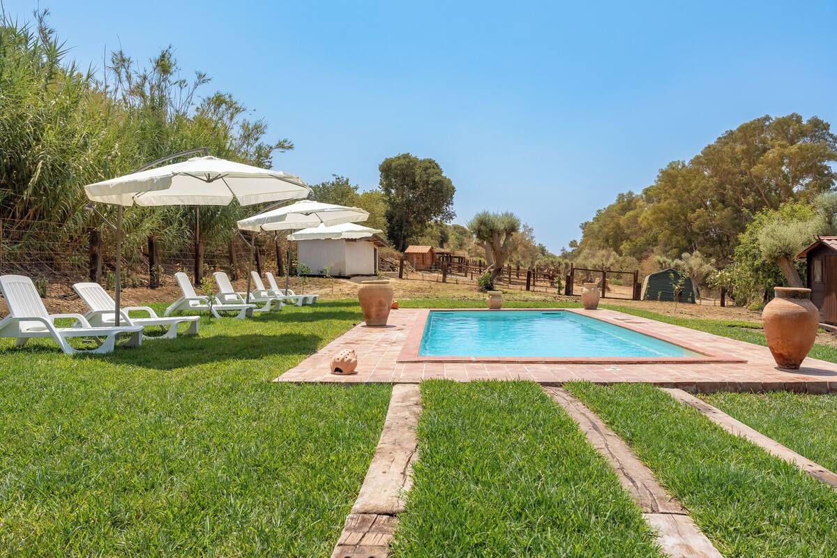 Zona de piscina con sillones blancos y sombrillas, rodeada de follaje y árboles.