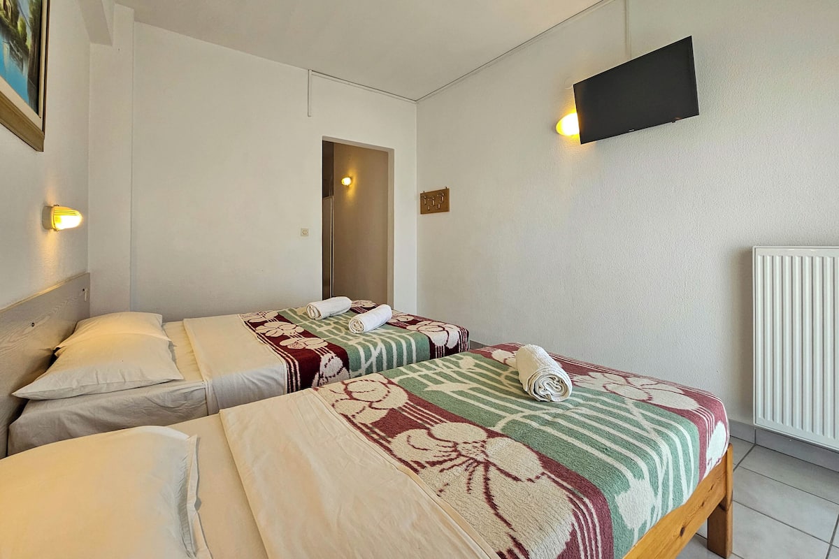 Ein Hotelzimmer mit zwei Betten, jeweils mit gemustertem Bettbezug und Kissen. Ein Fernseher ist an der Wand montiert und ein Heizkörper steht auf dem Boden.