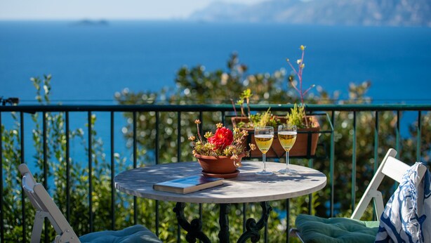 Une table ronde, ornée d’un livre, de deux plantes en pot et de deux verres de vin, est placée sur un balcon d’où l’on peut admirer un paysage magnifique sur la mer et les montagnes lointaines.
