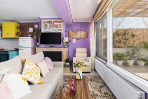 Smart TV, fireplace, books