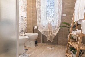 Shower, hair dryer, bidet, towels