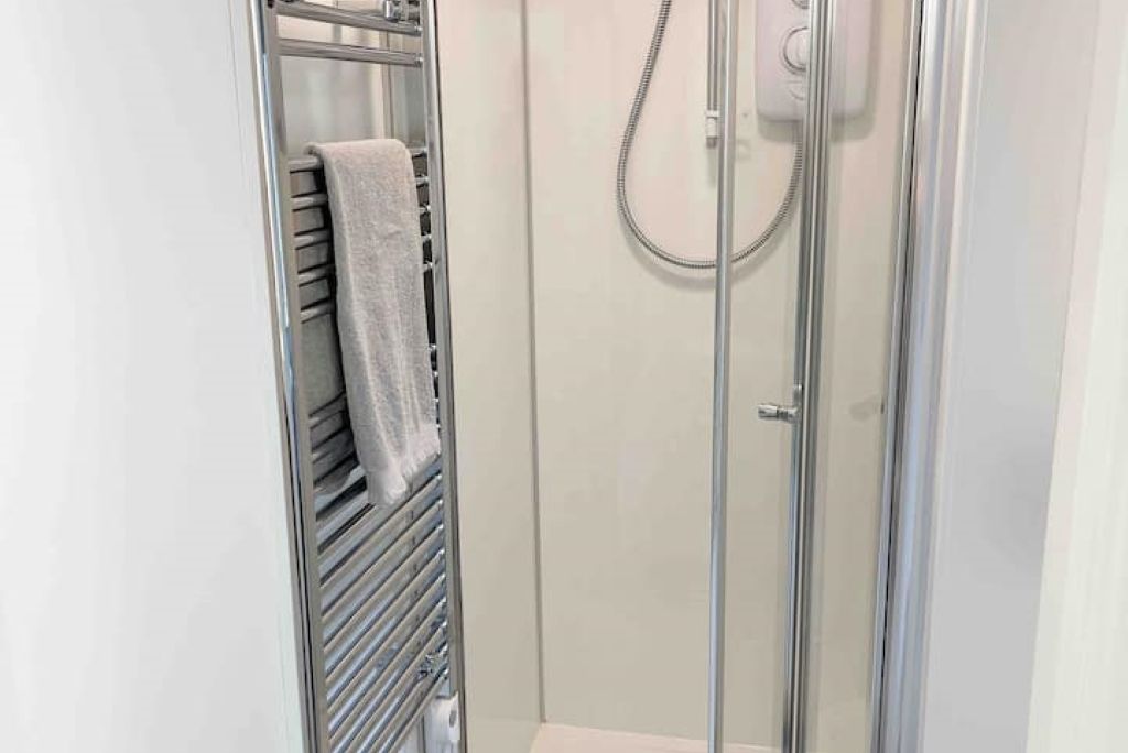 Shower, towels, soap, toilet paper