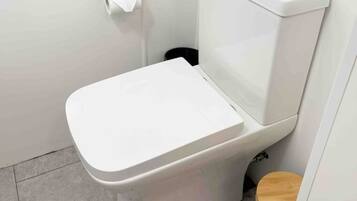 Shower, towels, soap, toilet paper