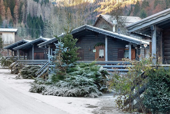 A rustic log cabin with a porch, wooden stairs, and a small evergreen tree in front.