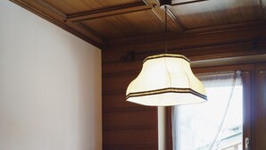 Un'area pranzo con tavolo in legno e sedie a fantasia, una lampada a sospensione e una finestra con vista.