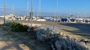 A marina with multiple sailboats docked, a clear sky, and a paved walkway leading to the water.