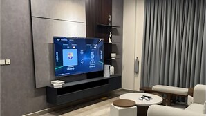 Ein modernes Wohnzimmer mit Flachbildfernseher, einer Couch, einem Couchtisch und einem Essbereich.
