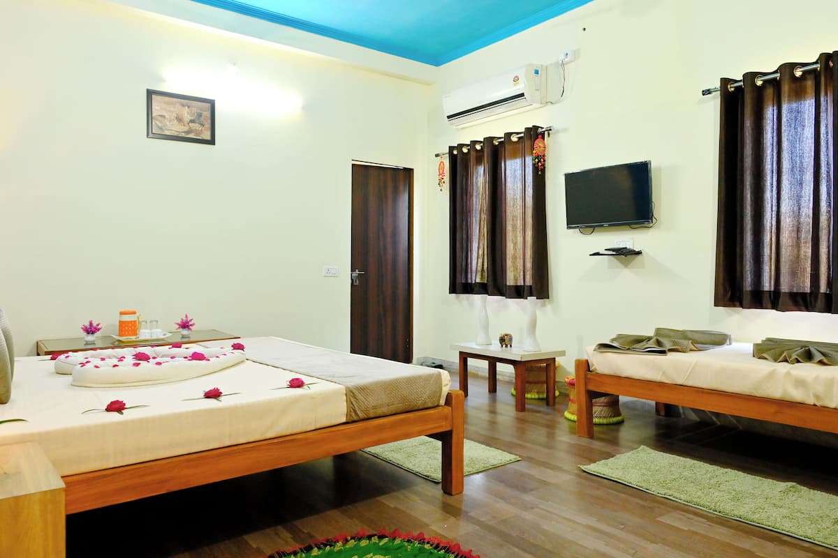 A room with two wooden beds, a television, an air conditioner, and a framed picture on the wall.