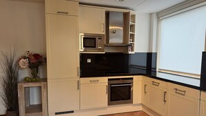 A compact kitchen with built-in appliances, a window, and a potted plant. - Callantsoger Staete A08 (Callantsoog)