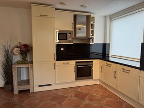 A compact kitchen with built-in appliances, a window, and a potted plant. - Callantsoger Staete A08 (Callantsoog)