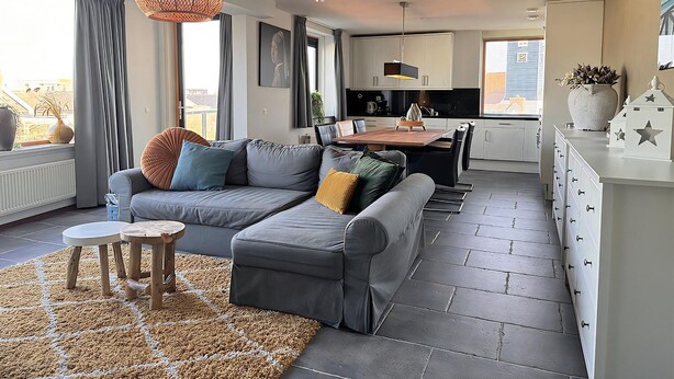 A modern living room with a grey sofa, a wooden coffee table, and a hanging light fixture. - Callantsoger Staete A210 (Callantsoog)
