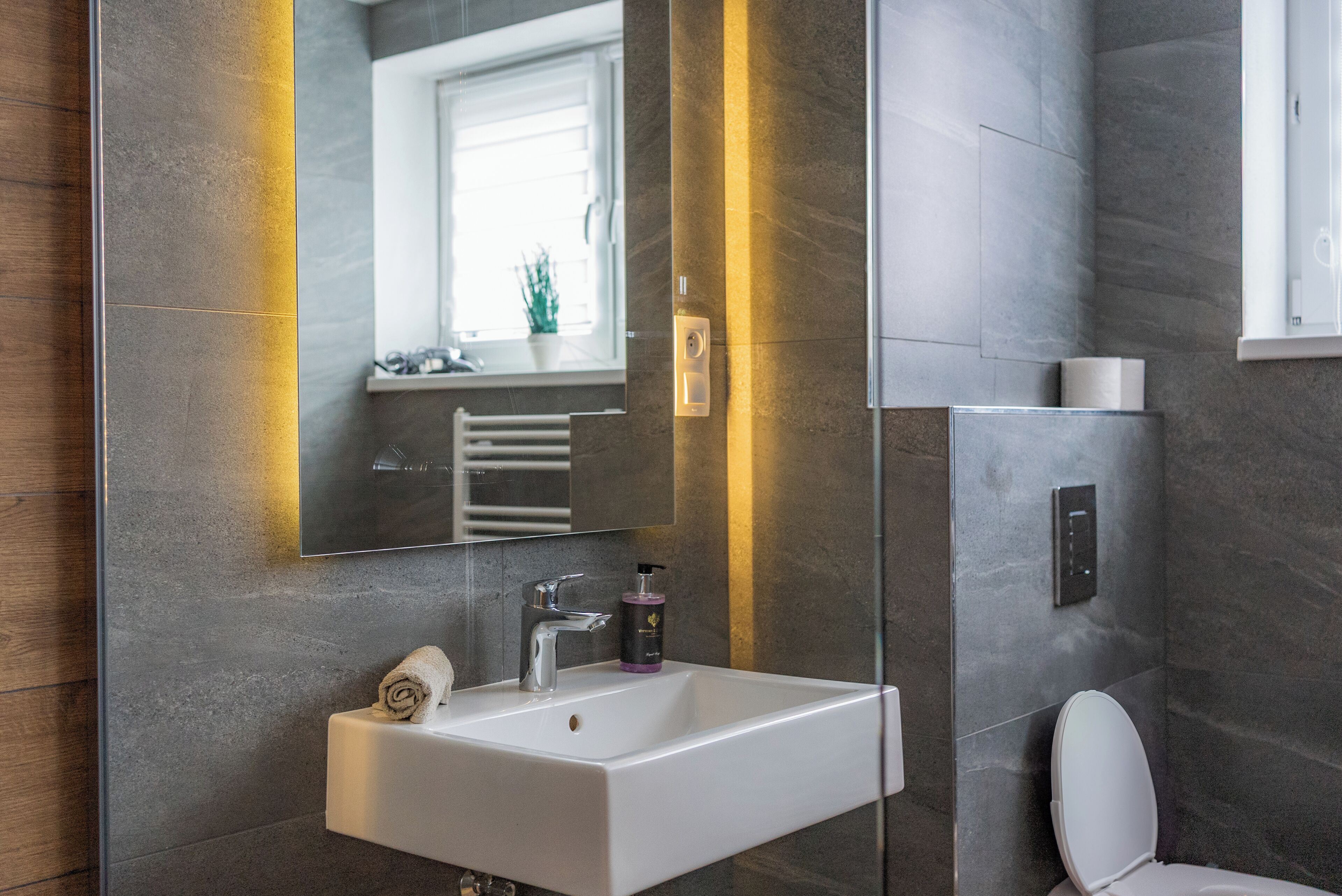 Een moderne badkamer met een wit wastafel, een spiegel en een toilet.