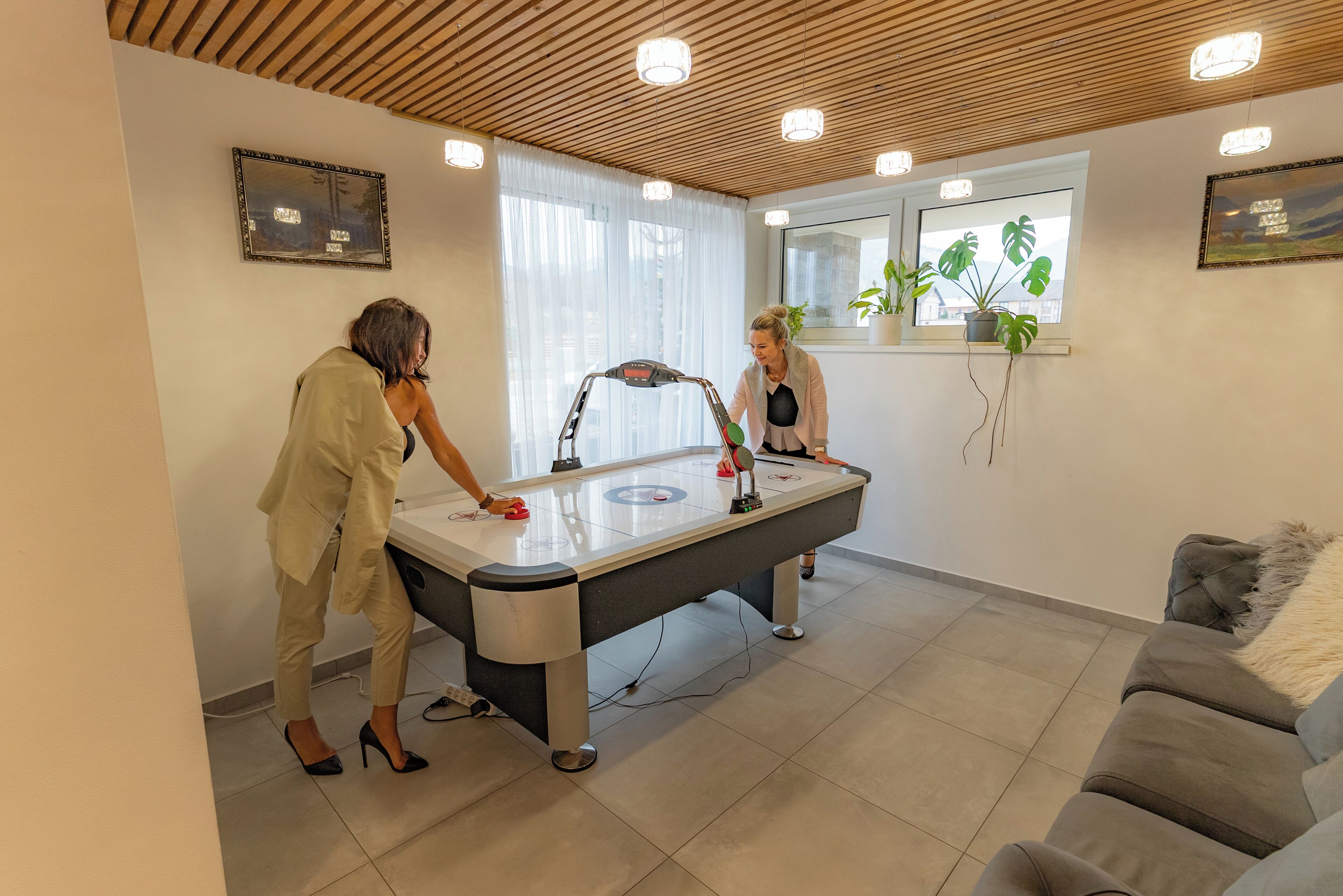 Een kamer met een pooltafel, een bank en een raam met planten.
