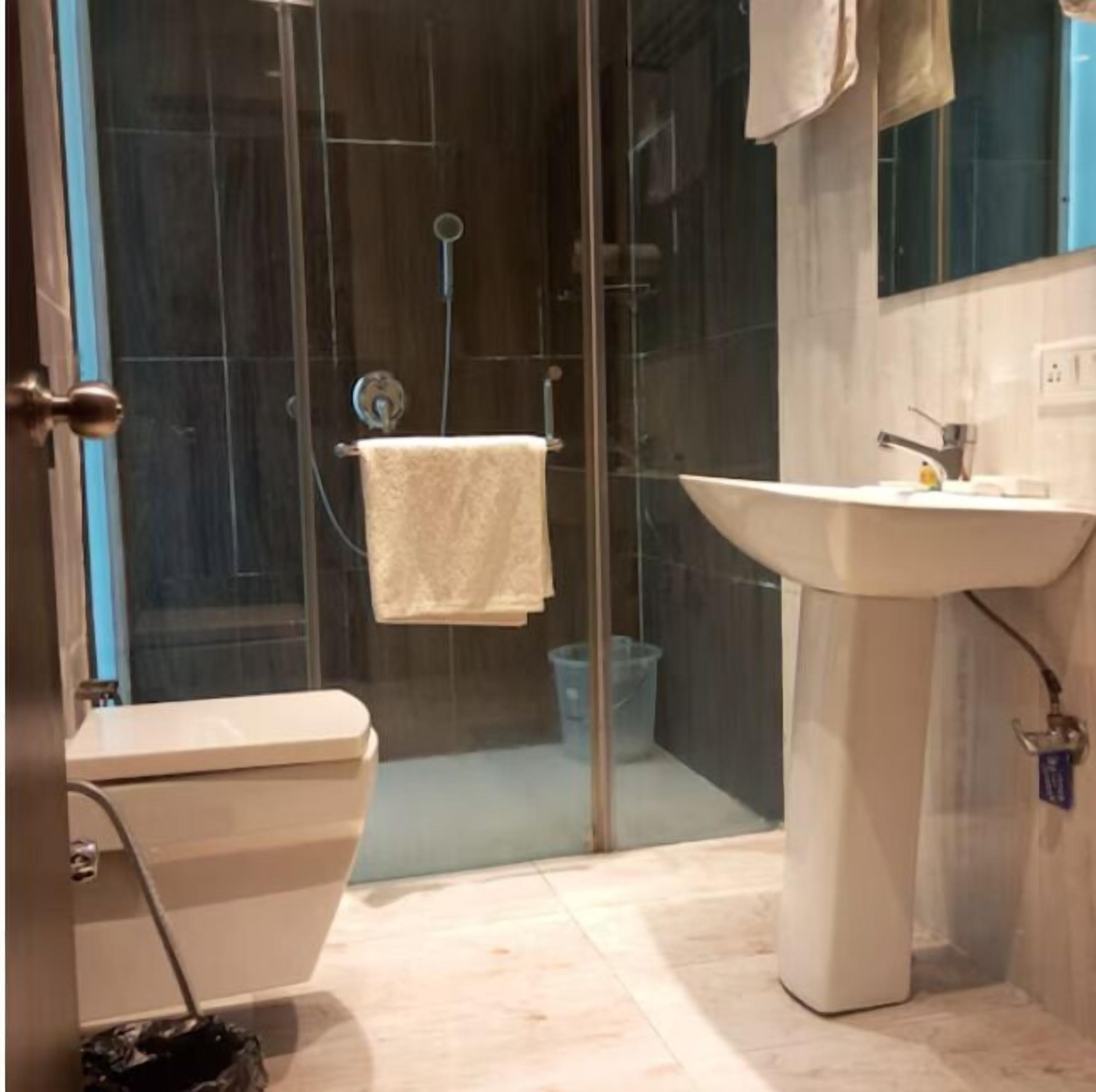 A bathroom with a toilet, sink, and glass shower enclosure.