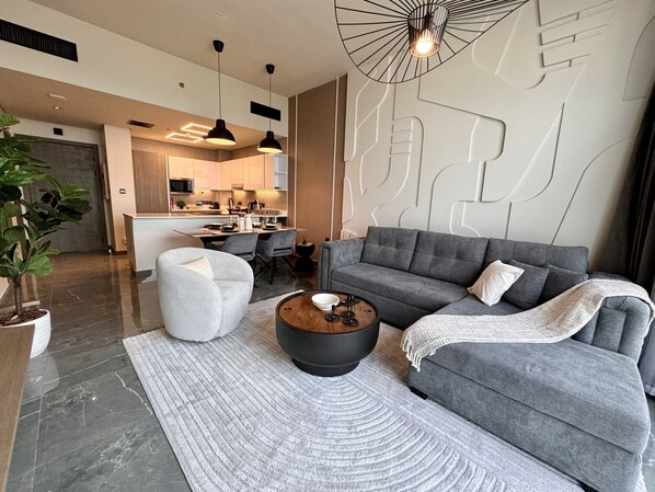 Apartment, 1 Bedroom, Pool Access | Living area - Easygo- Upgraded 1bdr Arjan, Joya (Dubai)
