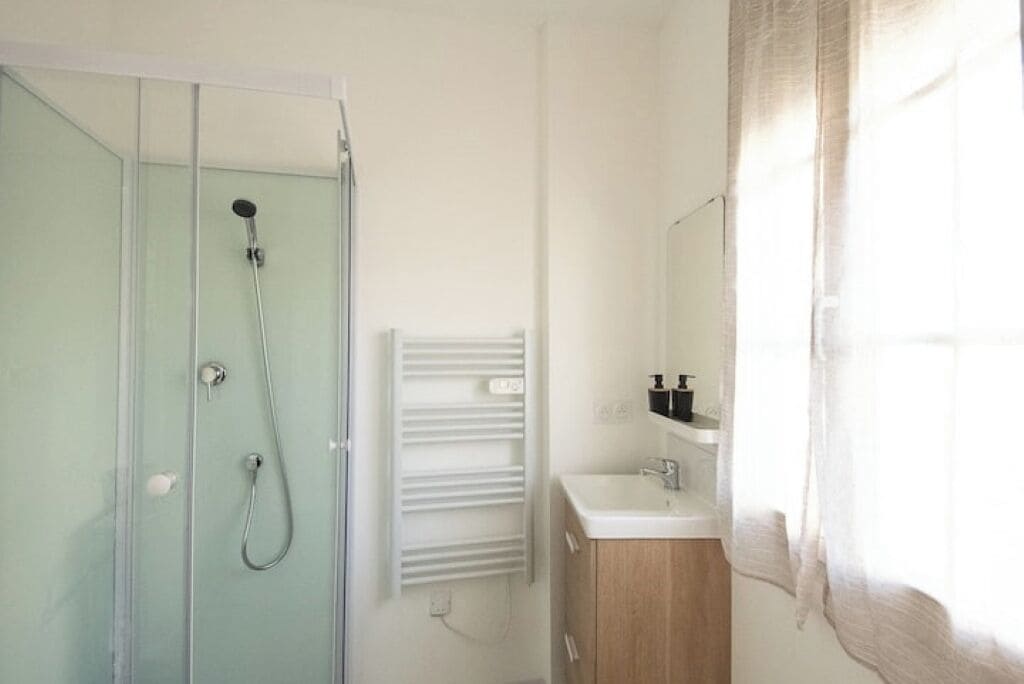 Shower, hair dryer, towels, toilet paper