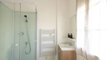 Shower, hair dryer, towels, toilet paper