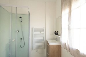 Douche, séchoir à cheveux, serviettes fournies, papier de toilette