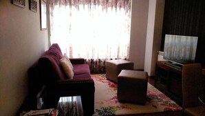 A living room with a sofa, ottoman, and a television. - Modern apartment on the Fisterra Road (Negreira)