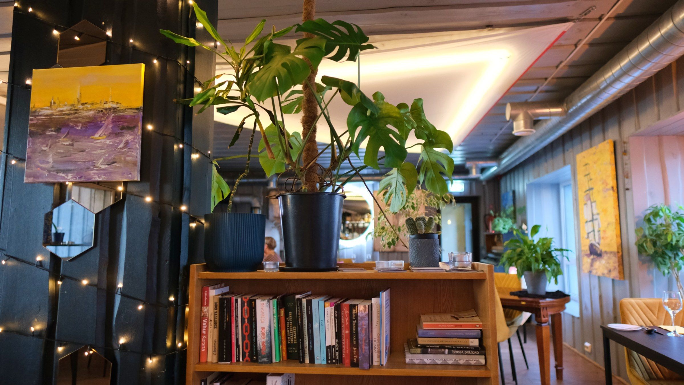 Un ambiente interno accogliente con una libreria, piante in vaso e luci a tendina.