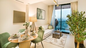 Living room - Easygo- Stylish 1bdr Binghatti Corner (Dubai)
