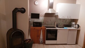 Een praktische keuken met een houtoven, magnetron, inductiekookplaat, vaatwasser en een klein spoelgedeelte.