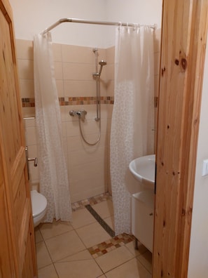 Shower, hair dryer, soap, toilet paper - Neumühle vacation apartment with roof terrace, located in the Üßbachtal valley in the nature reserve (Lutzerath)