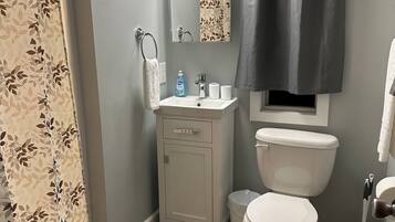 Chuveiro, secador de cabelo, toalhas de banho, sabonete