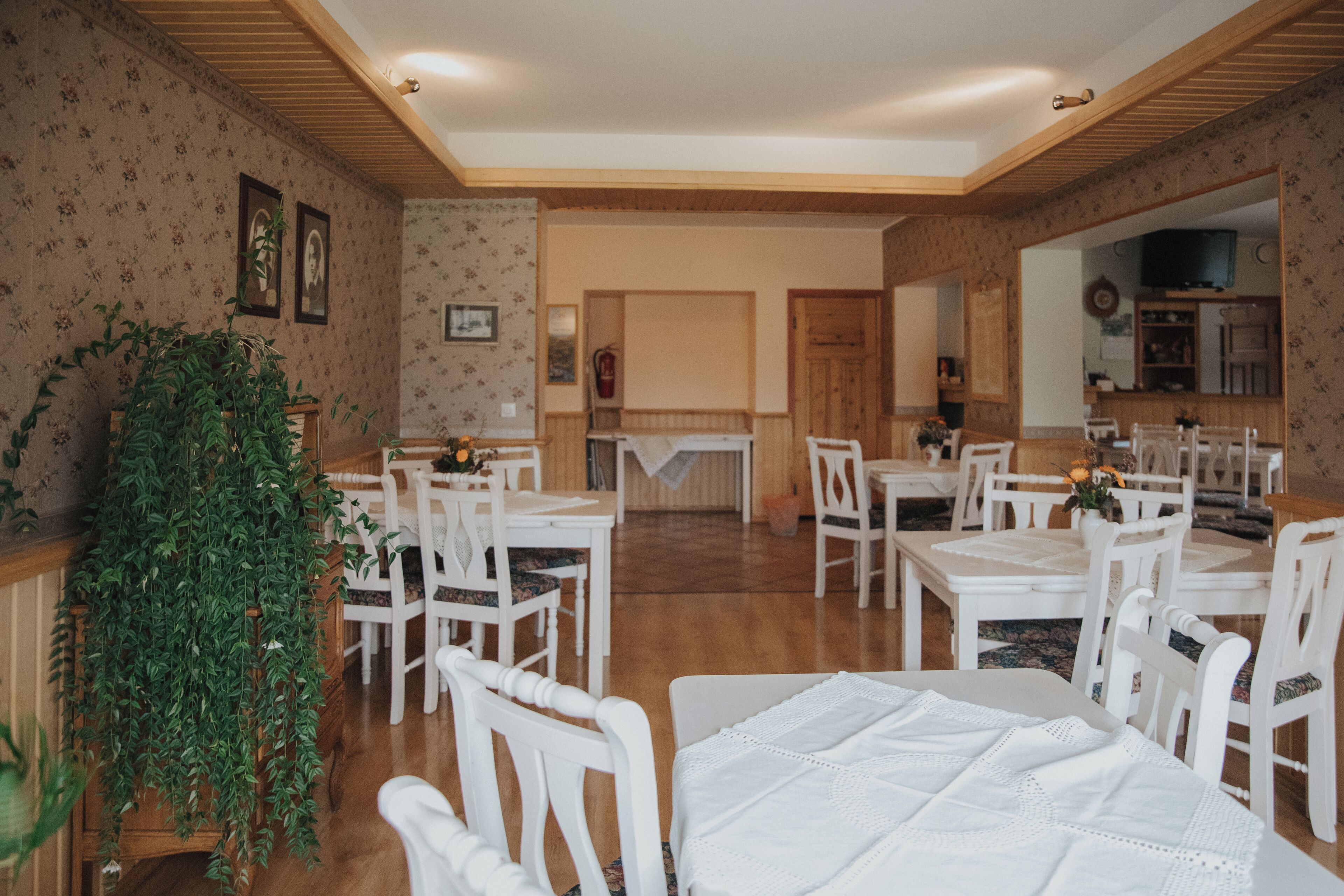 A dining area with white furniture, a large plant, and a mirror on the wall.