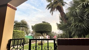 A view through an arched doorway into a garden with palm trees and a neatly trimmed bush. - Villa Bellavista (Quartu Sant'Elena)