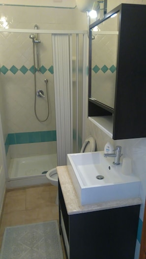 Chuveiro, secador de cabelo, bidê, toalhas de banho