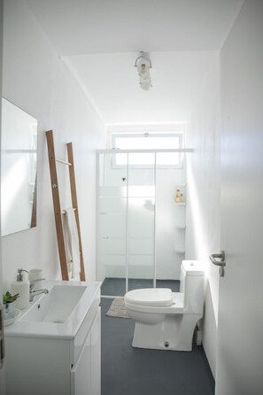 Ein modernes Badezimmer mit Waschbecken, Toilette und Spiegel. Ein Handtuchhalter und eine kleine Pflanze stehen auf dem Waschbecken.