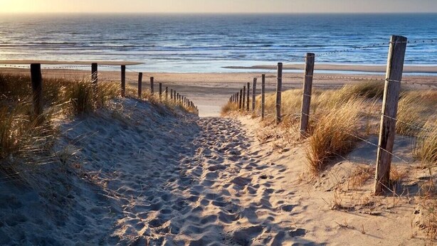 Un sentier de sable qui longe la plage et mène à l’océan, bordé de poteaux en bois et de fils de fer barbelés.