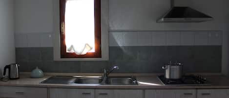 Fridge, microwave, stovetop, coffee/tea maker