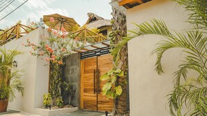 Una casa moderna con puerta de madera, plantas en macetas y una estructura de techo de paja.