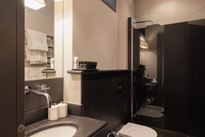 Shower, hair dryer, bidet, towels