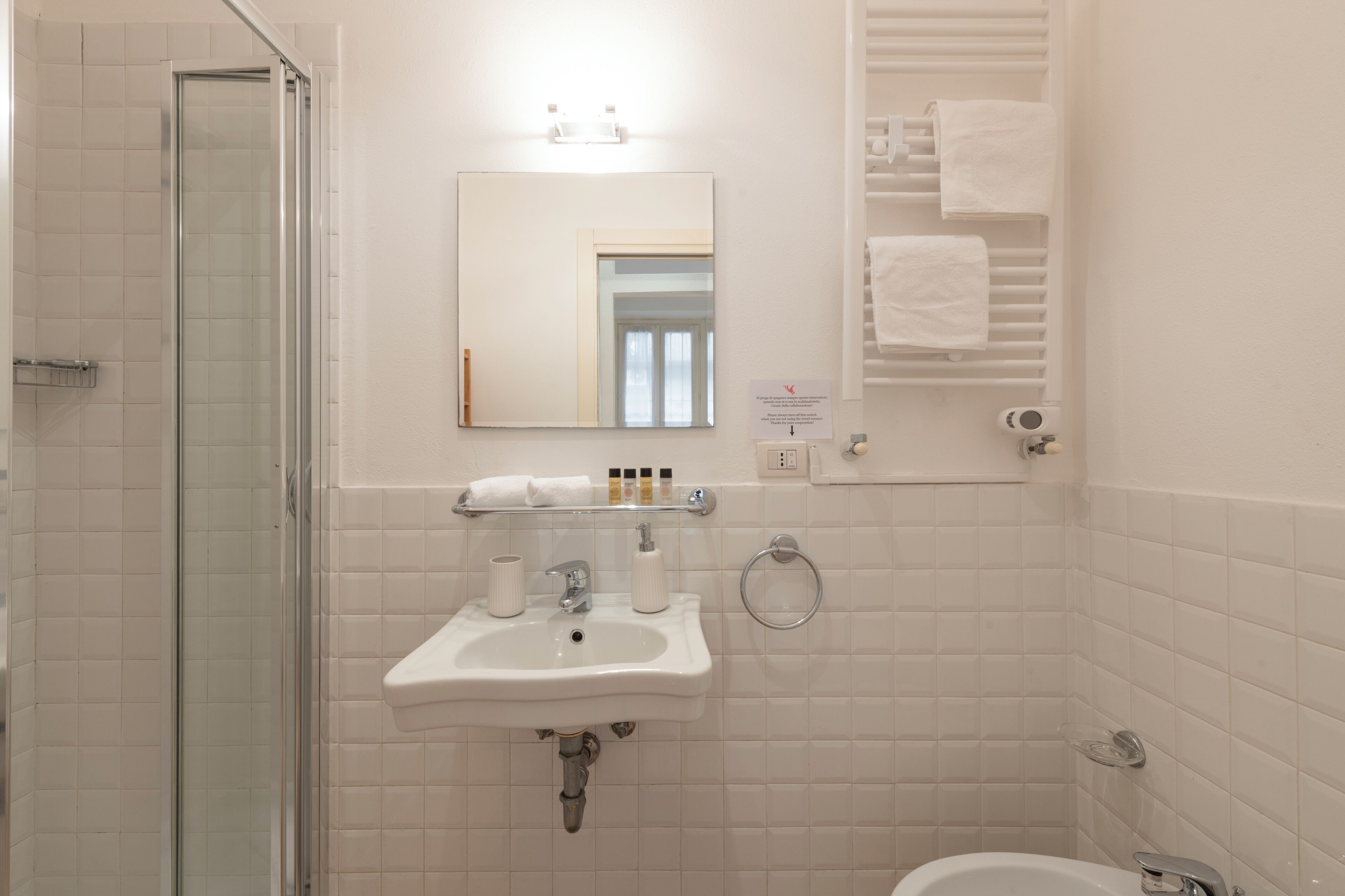 Ein Badezimmer mit Duschkabine aus Glas, einem Waschbecken mit Pflegeprodukten und einem Handtuchhalter.