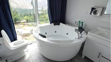 Jetted tub, hair dryer, bidet, towels