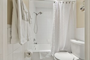 Hair dryer, towels, soap, shampoo